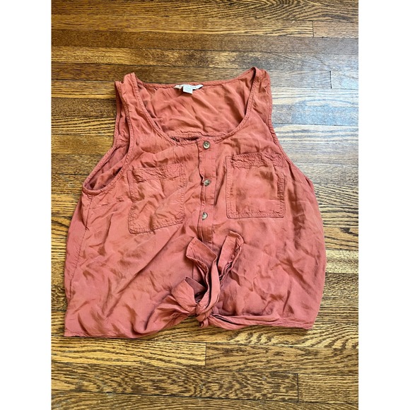 American Eagle Outfitters Tops - American Eagle Sleeveless Button Down Tie Front Top Long Crop Terracotta Rust S